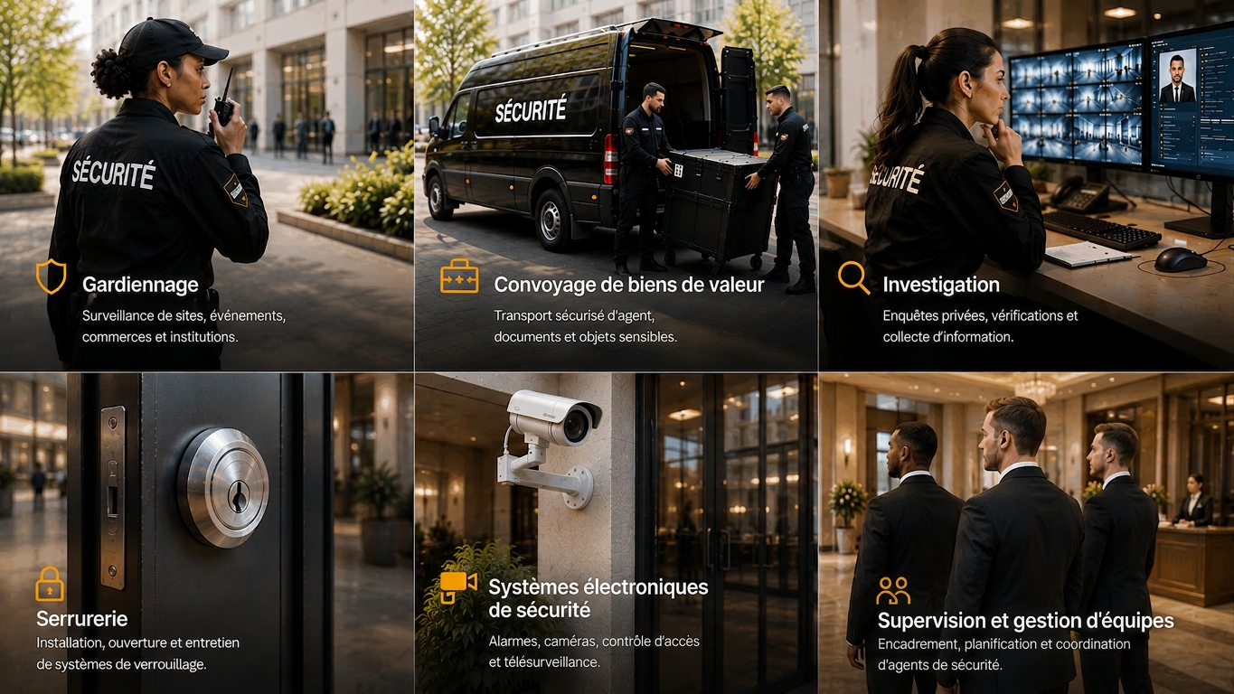 Domaines couverts par SécuritéJobs.com : gardiennage, convoyage de biens de valeur, investigation, serrurerie, systèmes électroniques de sécurité, supervision et gestion d'équipes.